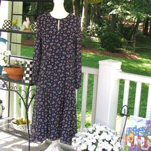 Boden navy blue long sleeve floral dress 8R romantic luxury style polyester